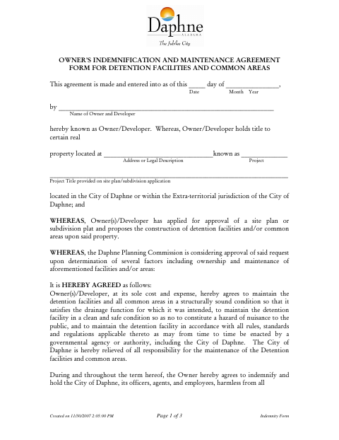 First page of the Owner’s Indemnification and Maintenance Agreement for Detention Facilities and Common Areas