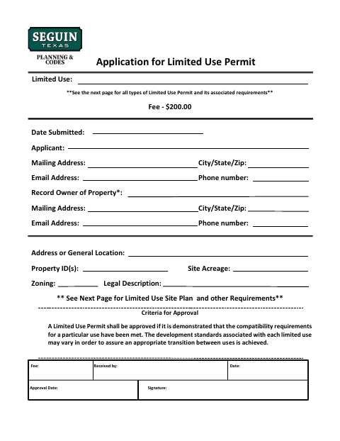First page of the Application for Limited Use Permit