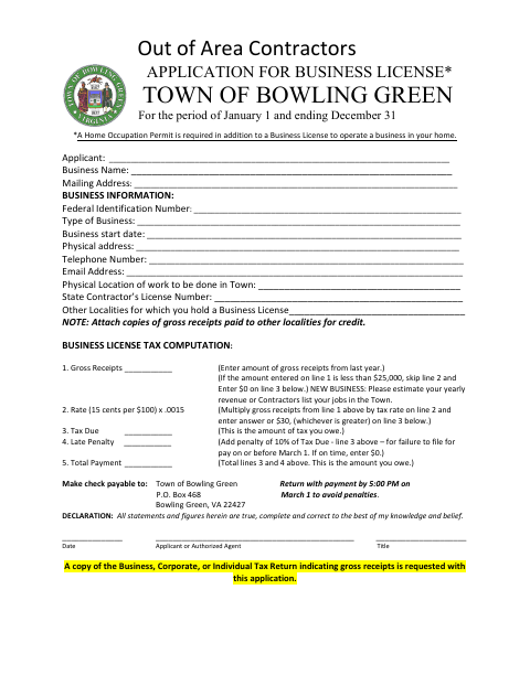 First page of the Out of Area Contractors Application for Business License