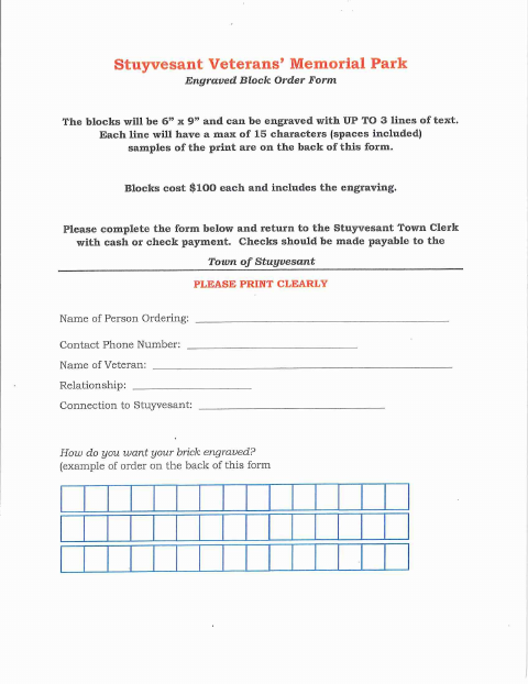 First page of the Veterans’ Memorial Park Engraved Block Order Form