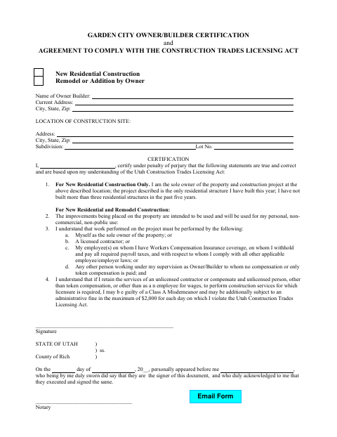 First page of the Owner/Builder Certification and Agreement