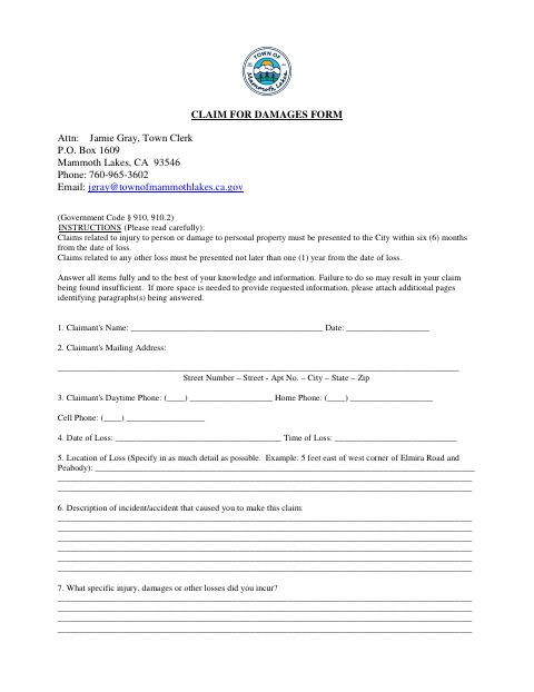 First page of the Claim for Damages Form