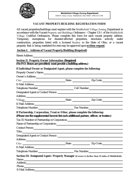 First page of the Vacant Property/Building Registration Form