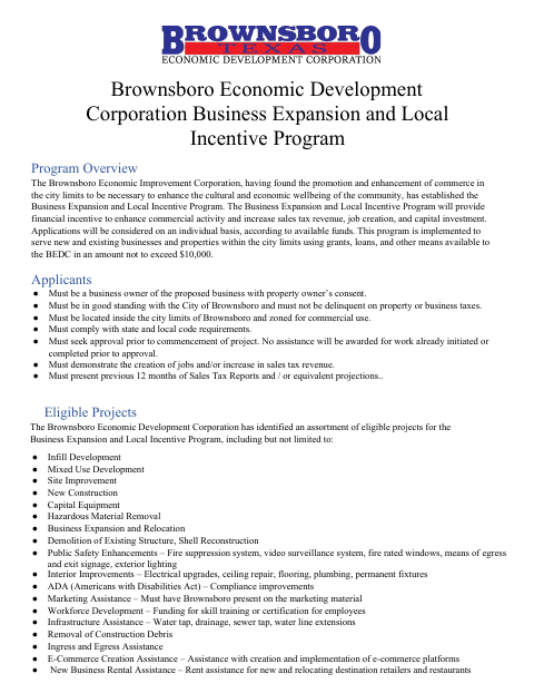 First page of the Business Expansion and Local Incentive Program Application
