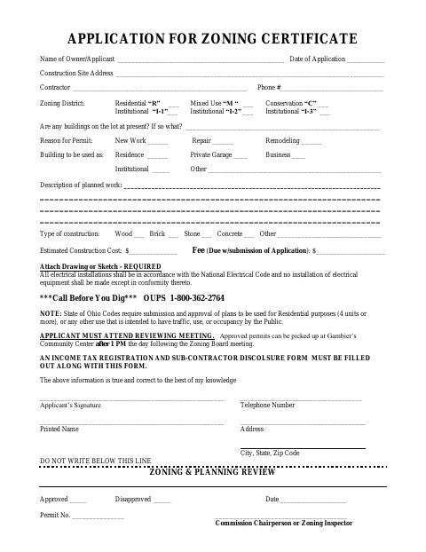 First page of the Application for Zoning Certificate