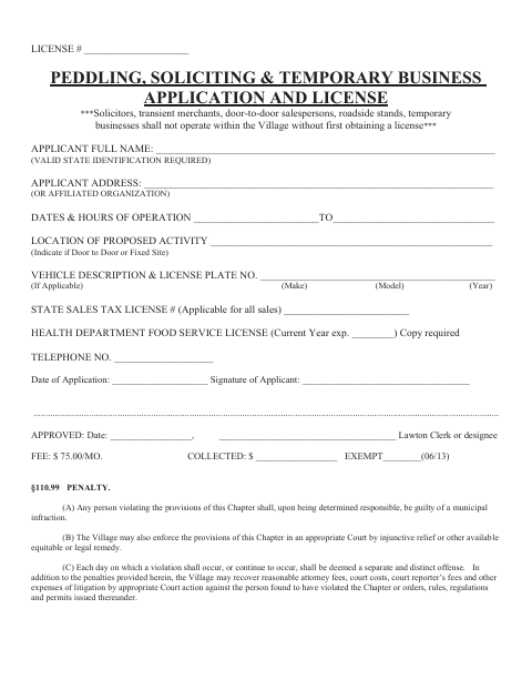 First page of the Peddling, Soliciting & Temporary Business Application and License