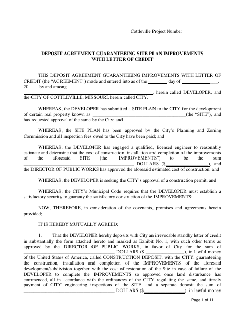 First page of the Deposit Agreement Guaranteeing Site Plan Improvements With Letter of Credit