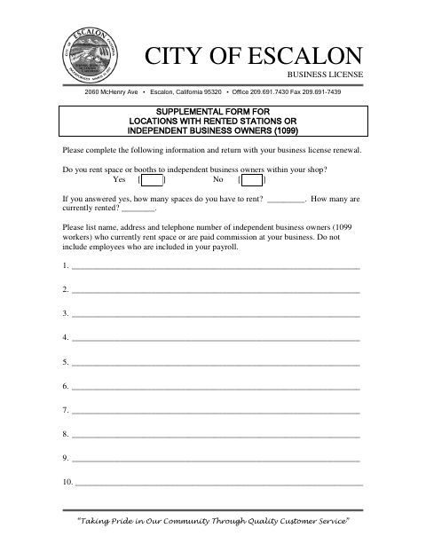First page of the Supplemental Form for Locations With Rented Stations or Independent Business Owners (1099)