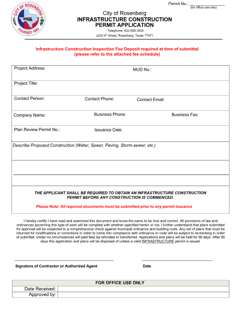 First page of the Infrastructure Construction Permit Application – Contractor