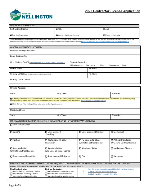 First page of the Contractor License Application