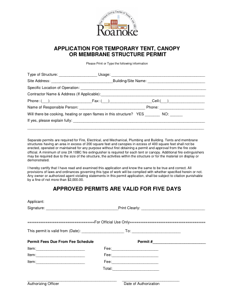 First page of the Application for Temporary Tent, Canopy or Membrane Structure Permit