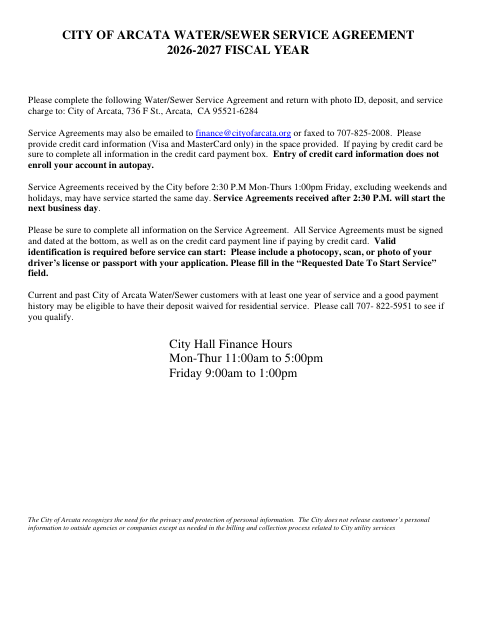 First page of the Water/Sewer Service Agreement