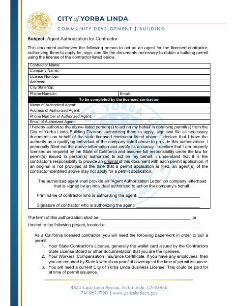 First page of the Agent Authorization for Contractor