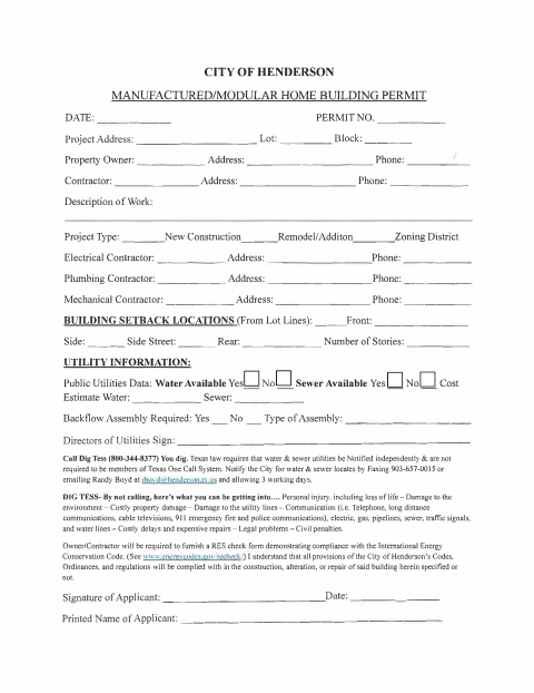 First page of the Manufactured/Modular Home Building Permit