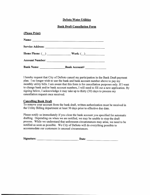 First page of the Bank Draft Cancellation Form