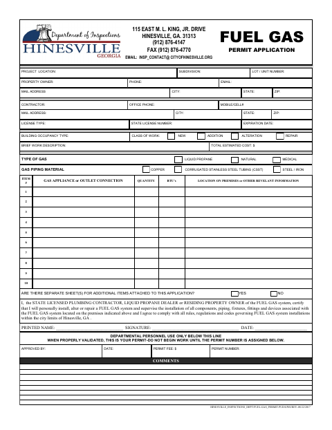 First page of the Fuel Gas Permit Application
