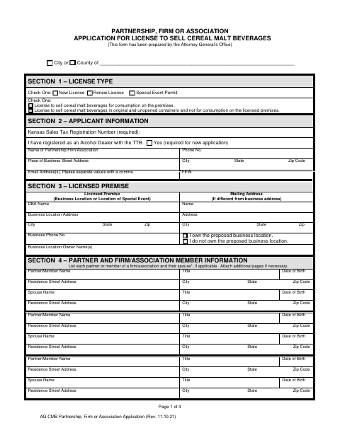 First page of the Cereal Malt Beverage Partnership License Application