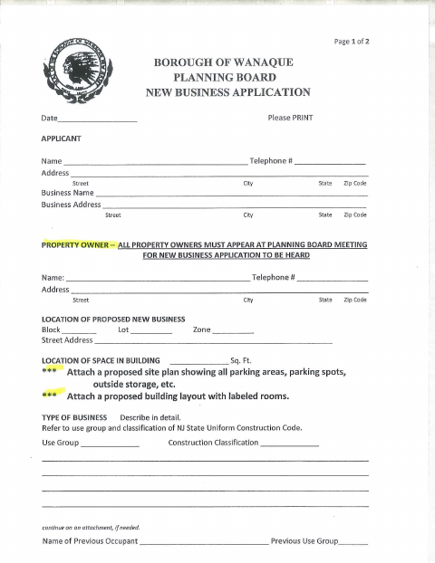 First page of the New Business Application