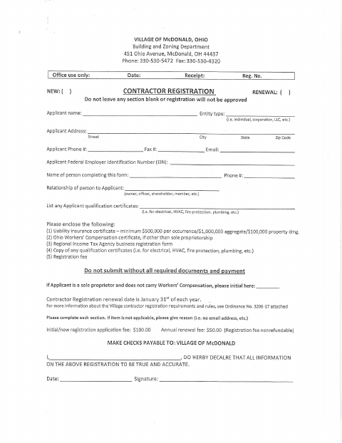 First page of the Contractor Registration Form