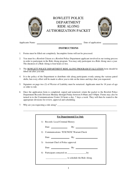 First page of the Ride Along Authorization Packet