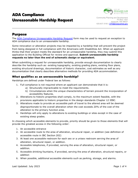 First page of the ADA Compliance Unreasonable Hardship Request
