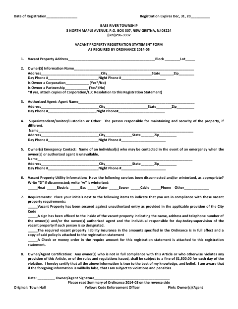 First page of the Vacant Property Registration Statement Form
