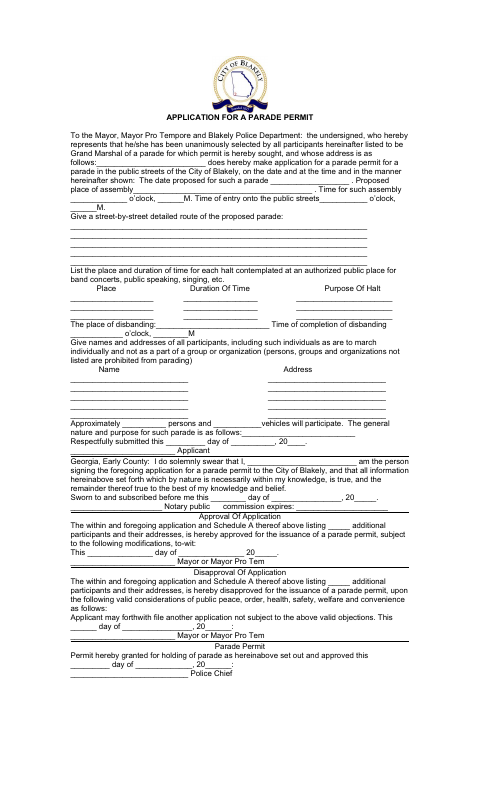 First page of the Parade Permit Application
