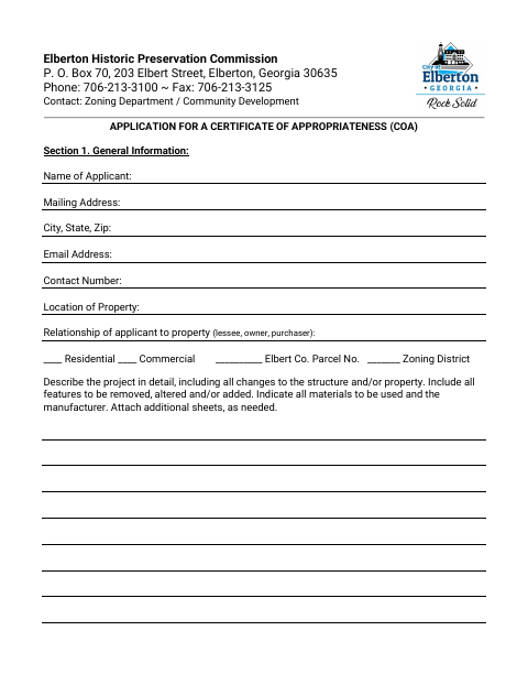 First page of the Application for a Certificate of Appropriateness