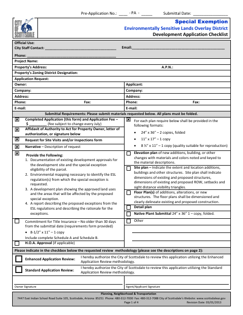 First page of the Environmentally Sensitive Lands Overlay District Special Exemption Application