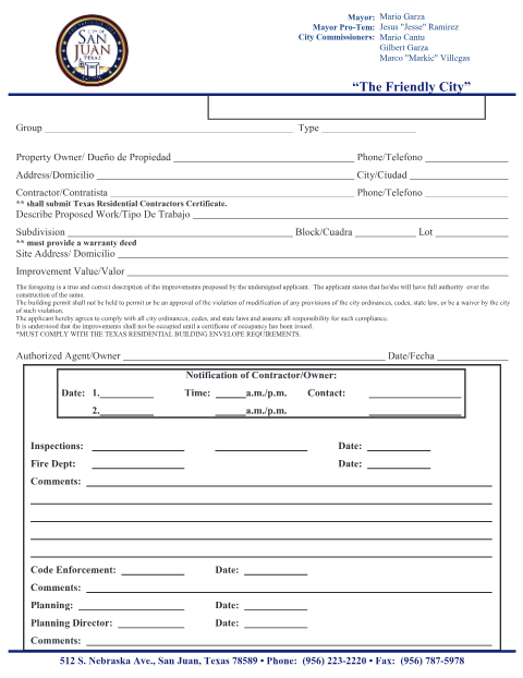First page of the Building Construction Application