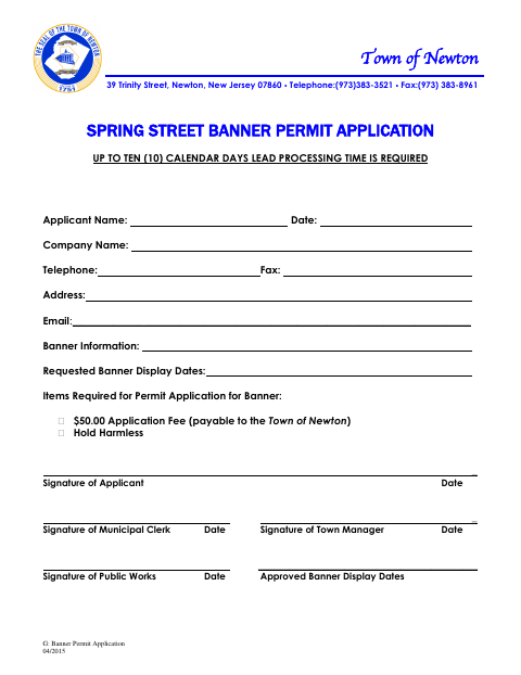 First page of the Spring Street Banner Permit Application