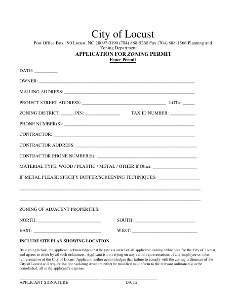 First page of the Fence Zoning Permit Application