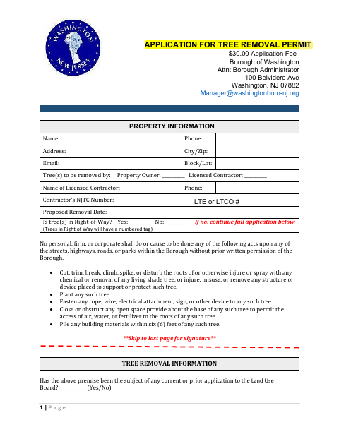 First page of the Application For Tree Removal Permit