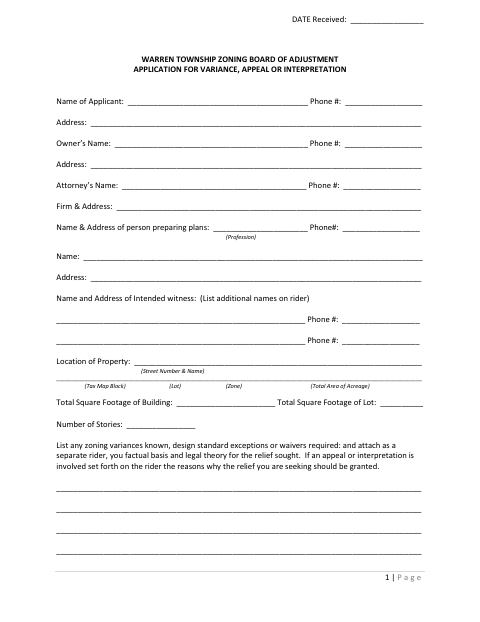 First page of the Application for Variance, Appeal or Interpretation