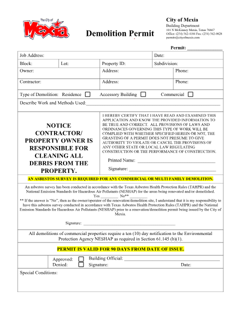 First page of the Demolition Permit Application