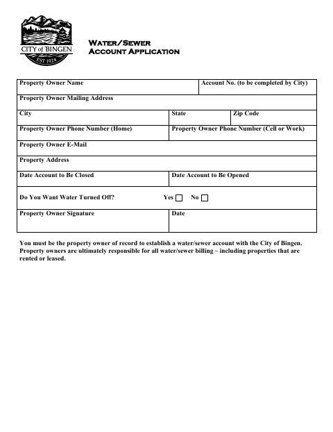 First page of the Water/Sewer Account Application