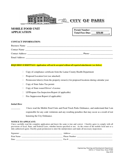 First page of the Mobile Food Unit Application