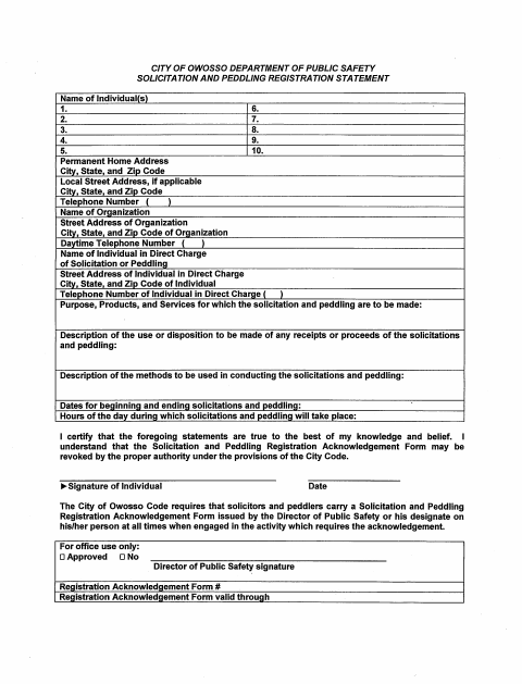 First page of the Peddler's Registration Statement