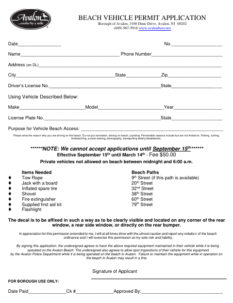 First page of the Beach Vehicle Permit Application