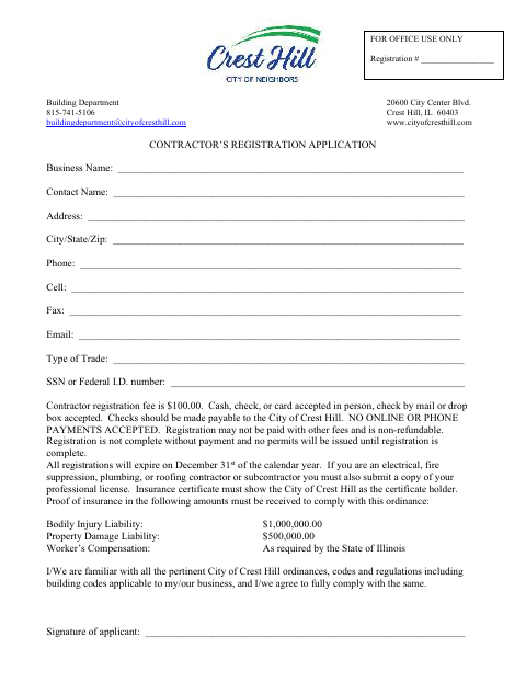 First page of the Contractor's Registration Application