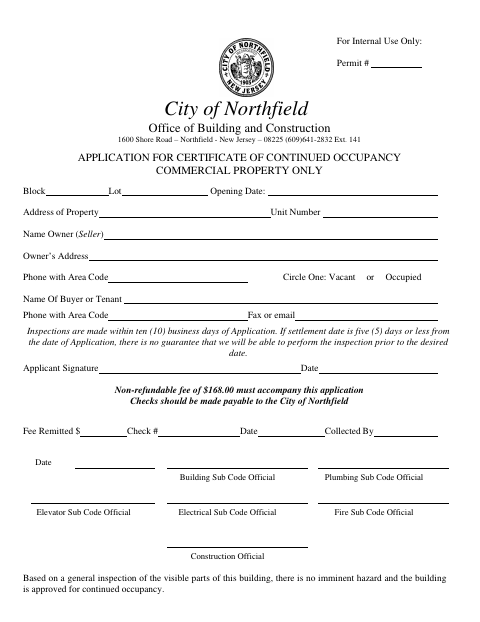 First page of the Application for Certificate of Continued Occupancy – Commercial Property