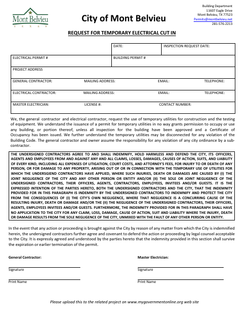 First page of the Request for Temporary Electrical Cut In