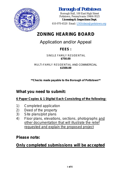 First page of the Zoning Hearing Board Application and Appeal