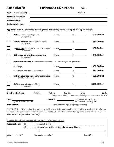 First page of the Temporary Sign Permit Application