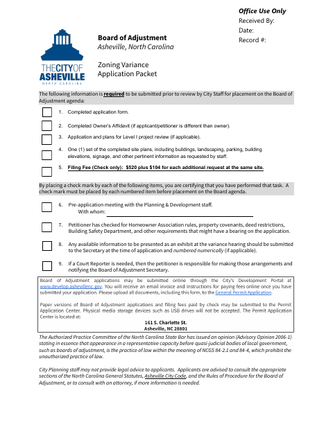 First page of the Zoning Variance Application Packet