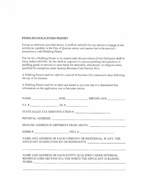 First page of the Peddling-Solicitors Permit Application