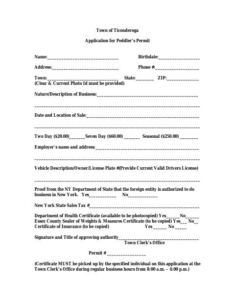 First page of the Application for Peddler’s Permit