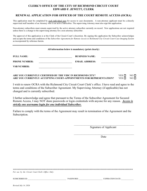 First page of the Renewal Application for Officer of the Court Remote Access (OCRA)