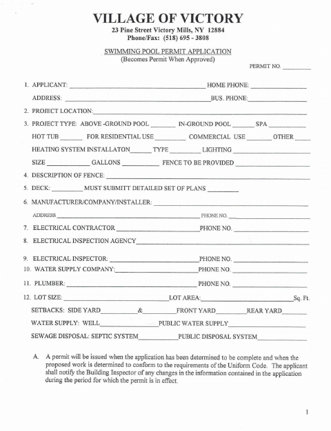 First page of the Swimming Pool Permit Application