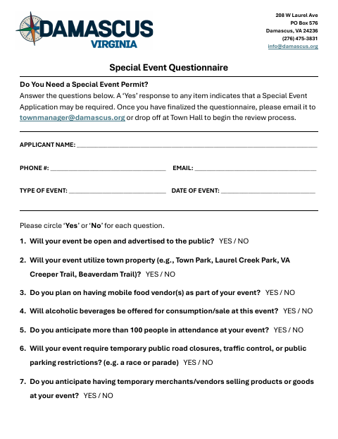 First page of the Special Event Questionnaire